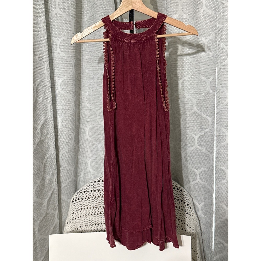 J&M Clothing Burgundy Acid Wash Halter Mini Dress Crochet Trim Pockets Small